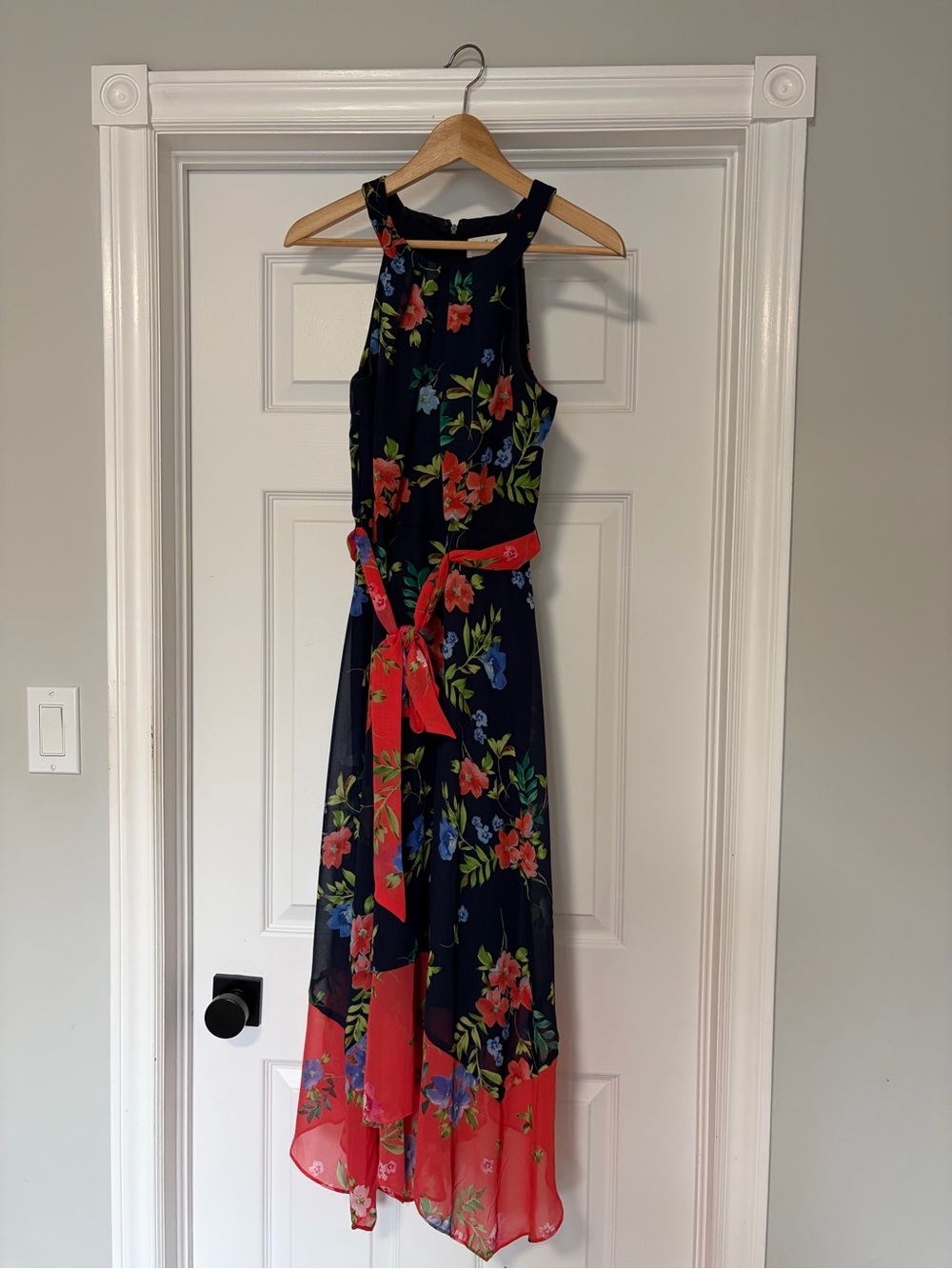 Eliza J Navy Floral High-Low Dress with Red Accents
